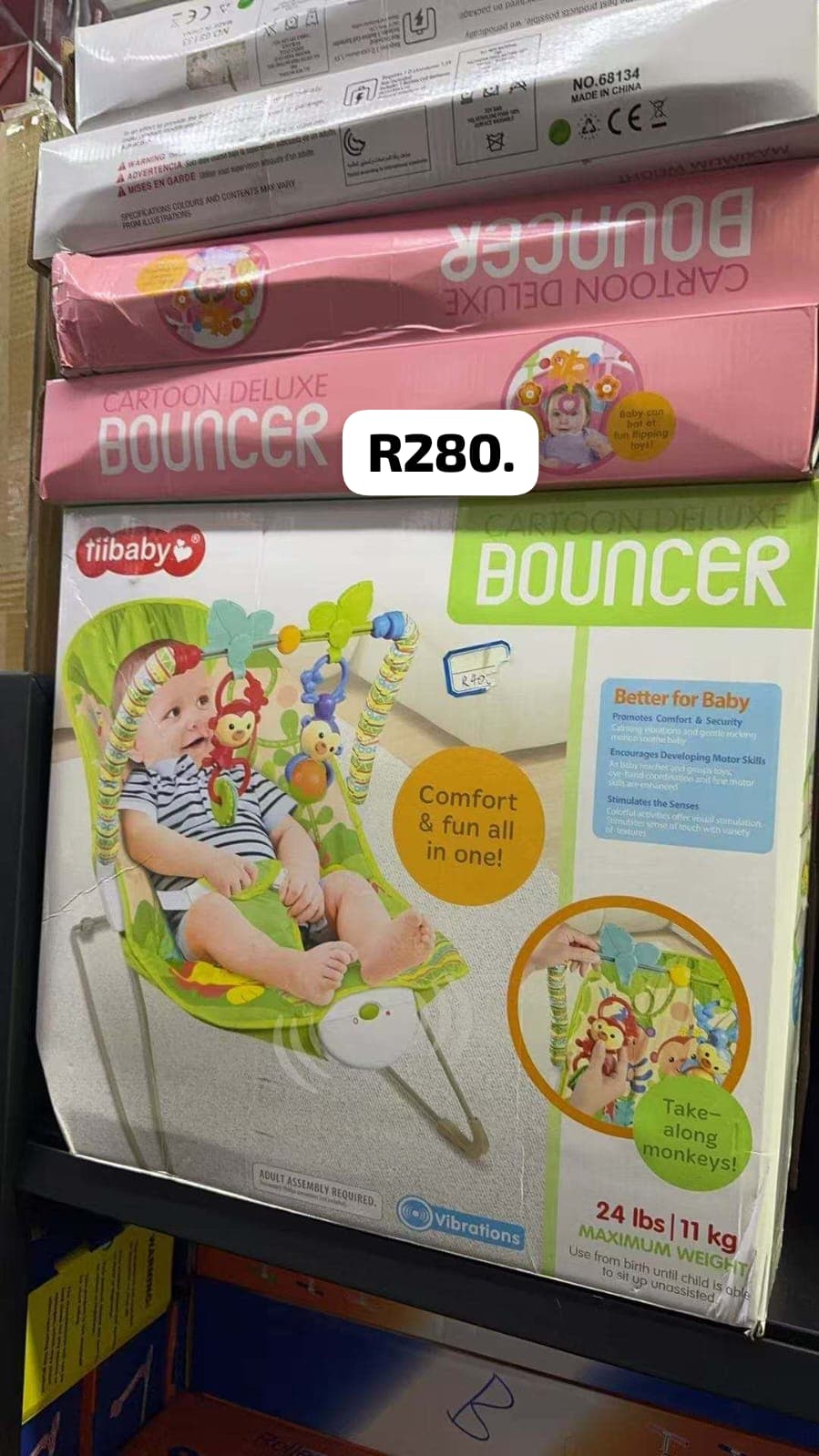 Tiibaby Cartoon Deluxe Baby Bouncer with Vibrations & Toy Bar